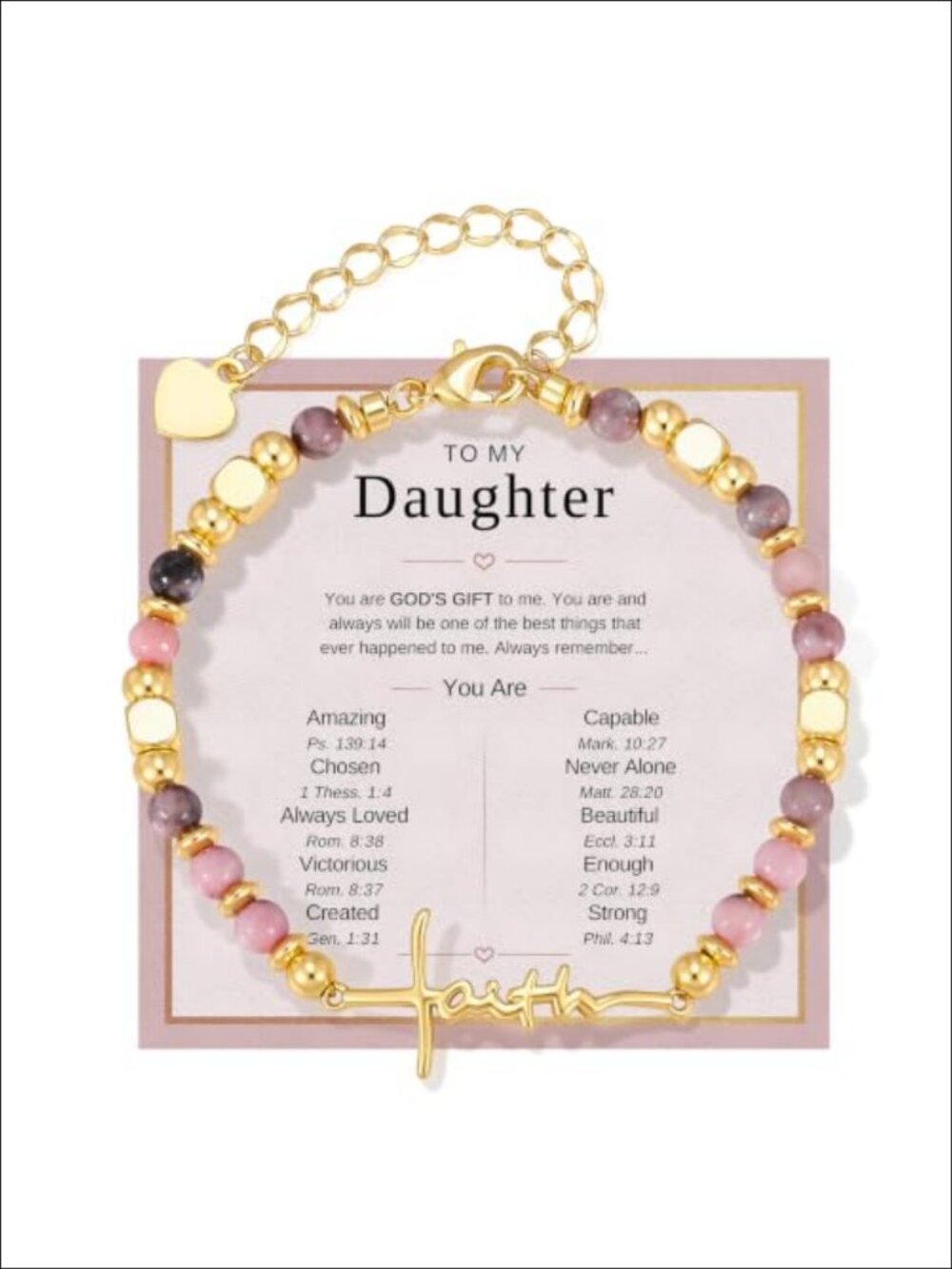 Faith Cross Bracelet Natural Pink Zebra Stone Beaded 14K Gold Plated Adjustable